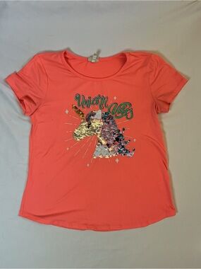 Self Esteem GIRLS SIZE Coral Sequin Unicorn Graphic Tee